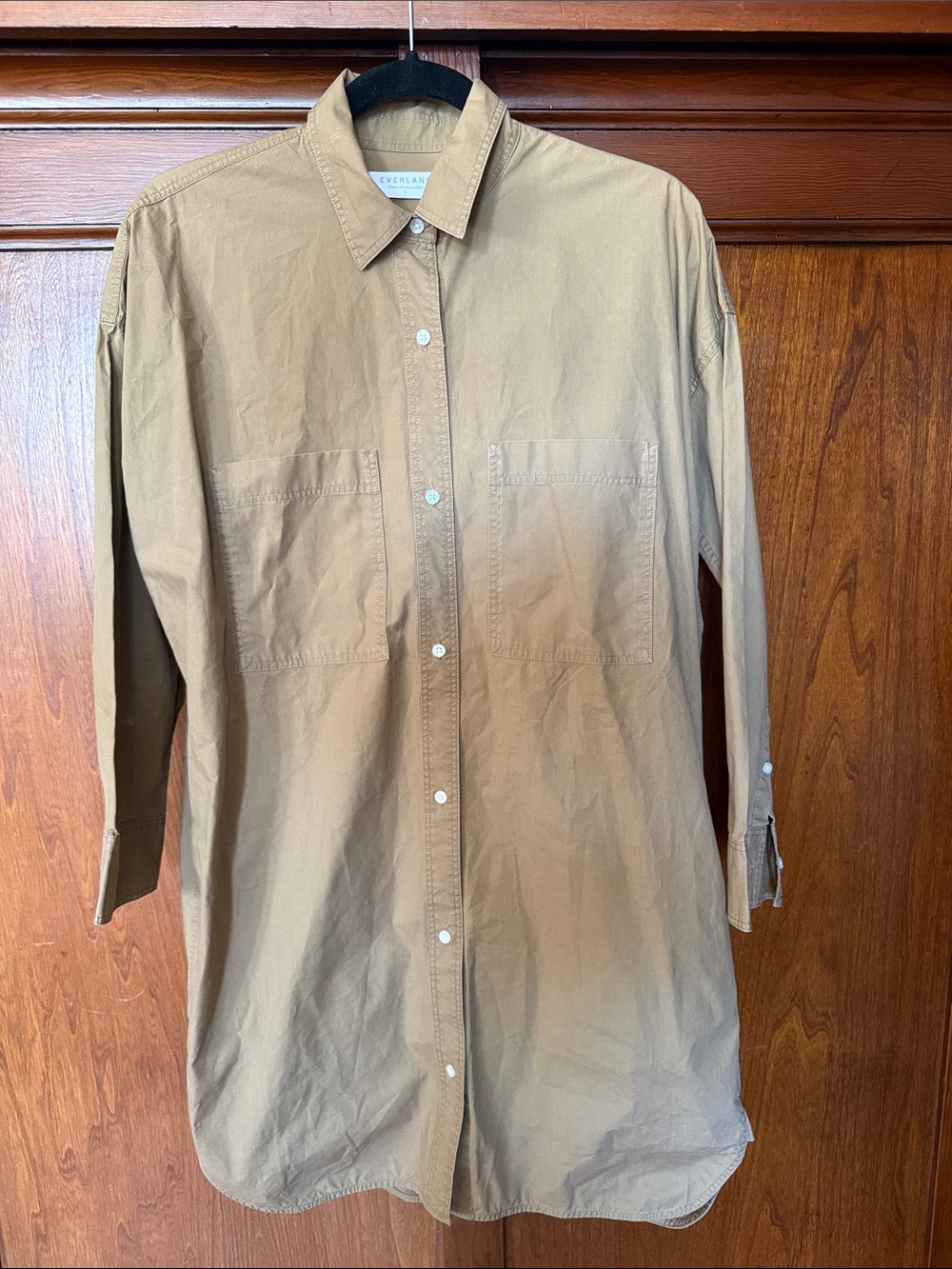 Everlane Khaki Button-Front Long-Sleeve Shirt Dress